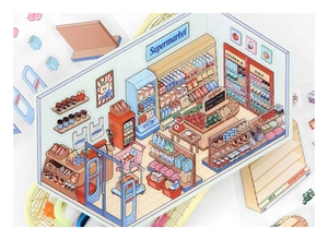 Detailed 3D supermarket scene sticker for DIY crafts showing aisles and mini grocery items