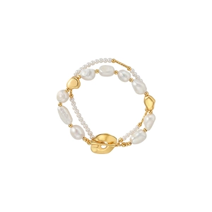 Double-layer gold-plated bracelet with freshwater pearls and vintage OT clasp closure