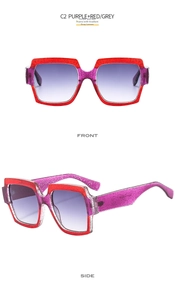 Detailed front and side views of square purple and red glitter sunglasses with gradient lenses