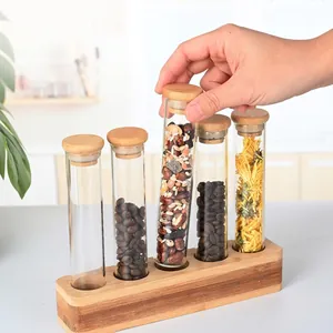 Bamboo stand with 5 glass test tubes for coffee bean storage and display