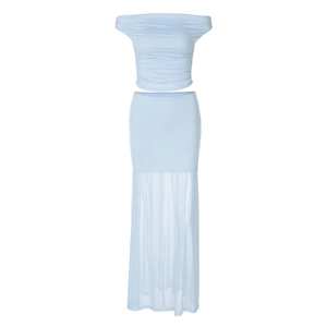 Detail of light blue off-shoulder pleated top with matching mesh patchwork maxi skirt