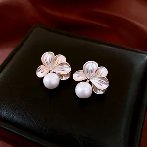 French vintage 18K gold plated flower earrings with elegant white pearls on leather box