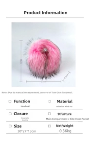 Pink faux raccoon fur handbag with magnetic closure and detailed interior storage