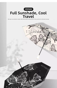 Detail of folding umbrellas featuring butterfly prints and UV protection silver coating
