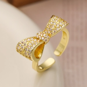 Elegant Bow Knot Open Ring Copper With 18K Gold Plated Micro Pave Cubic Zirconia Adjustable Sweet Finger Jewelry For Women