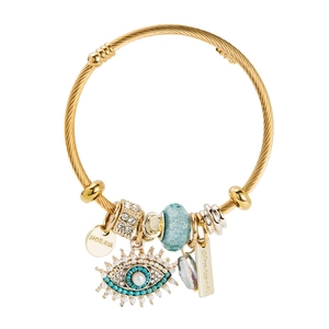 Gold-plated Evil Eye charm bracelet with blue crystal beads and engraved handmade pendants