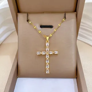 Cross Pendant Necklace With Stainless Steel Chain And Copper Cubic Zirconia Water Drop Stones Elegant Jewelry For Women