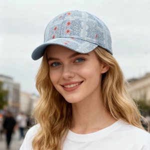 Stylish light blue baseball cap with white lace mesh and red floral print on model