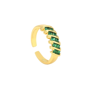 Adjustable 18K gold plated ring with a rectangular green zircon stone on white background