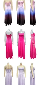 Detail of cross-back lace-up design and slim waist tailoring on evening maxi dresses