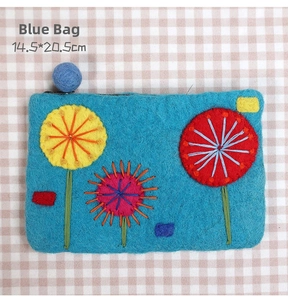 Detailed view of blue felt pouch with floral embroidery and 14.5x20.5cm size label