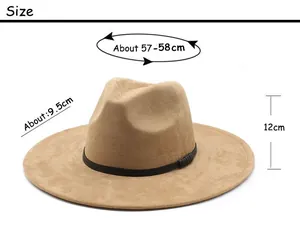 Size chart for suede fedora hat with 57-58cm circumference and 9.5cm wide brim