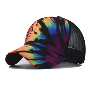 Rainbow tie-dye ponytail baseball cap with breathable black mesh back for outdoor sun protection