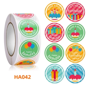 Detail showing 8 colorful birthday sticker designs with balloons and cake patterns