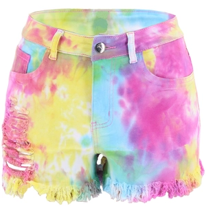 Rainbow tie-dye denim shorts for women with frayed hems and ripped distressed details