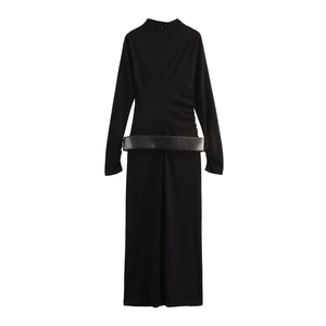 Elegant black knit long dress with high neck and wide faux crocodile belt detailing