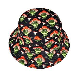 Black bucket hat featuring funny green frog and mushroom cartoon pattern for outdoor sun protection