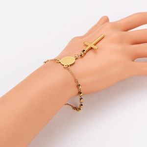 Vintage gold stainless steel bead bracelet with cross and saint medal pendant for women