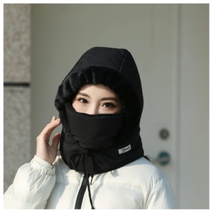 Detail showing a woman wearing a black windproof hooded mask with warm fleece lining.