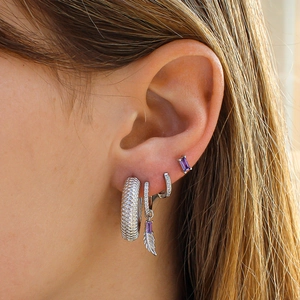 S925 silver feather earrings with purple zircon pendant in a vintage hoop design