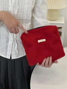Grote Capaciteit Sherpa Fleece Cosmetische Tas Vrouwen Bouclé Pluche Toilettas Makeup Organizer Raster Gestreepte Opbergtas