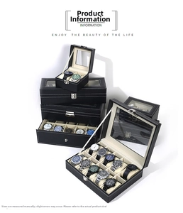 Detail of premium black PU leather watch boxes with transparent windows and velvet pillows