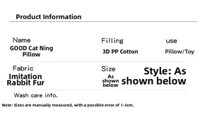 Detail specifications of cartoon cat plush pillow with faux rabbit fur and PP cotton filling
