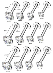 Size chart showing 1.2mm gauge piercing studs with 2mm to 5mm cubic zirconia options