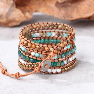 Bohemian multi-layer leather wrap bracelet with tiger eye stones and turquoise beads