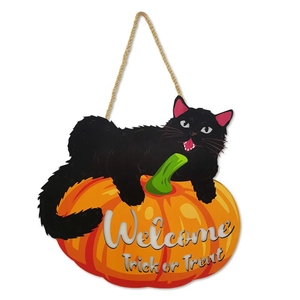 Halloween hanging sign with black cat and orange pumpkin on white background