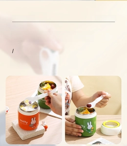 Detail of insulated 304 stainless steel soup mug with folding spoon and Miffy graphic
