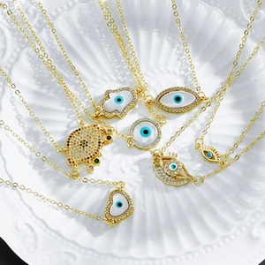 Evil Eye Pendant Necklace Brass Gold Plated AAA Zircon Natural Mother Of Artificial Pearl Hamsa Hand Bohemian Fashion Jewelry Women