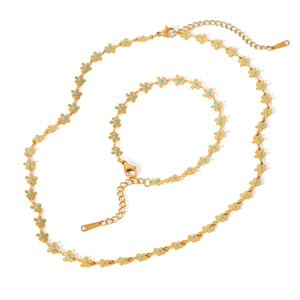 18K gold plated stainless steel necklace and bracelet set with teal enamel flowers