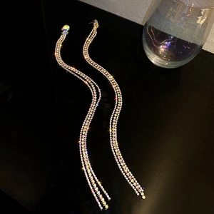 Detail of long fringe earrings with AB rainbow rhinestones and multi-strand tassels