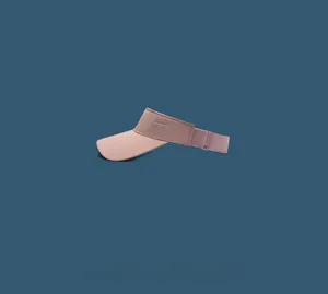 Detailed side view of pink sun visor hat with sports logo and elastic adjustable strap