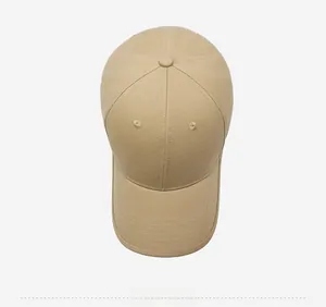 Top view of a khaki cotton baseball cap showing classic six-panel structure and peak