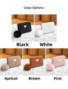 Quilted mini wallets with butterfly buckles and fur balls in five assorted colors