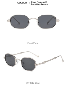 Front and side views of silver hexagonal sunglasses with dark grey lenses and metal frame