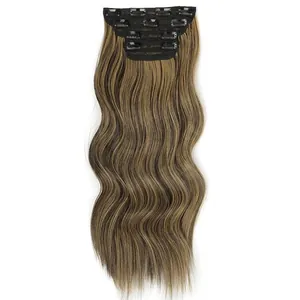 Extensions de cheveux synthétiques longs ondulés avec balayage brun et design à clips