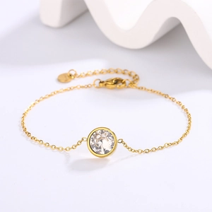 Elegant 18k gold plated stainless steel bracelet with a round sparkling cubic zirconia crystal