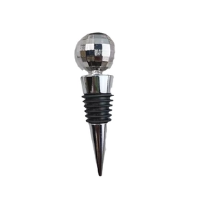 Zinc alloy disco ball wine stopper with silver finish and black rubber seals on white background