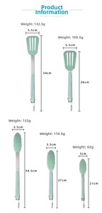 Detailed dimensions of mint green silicone kitchen utensils with stainless steel handles