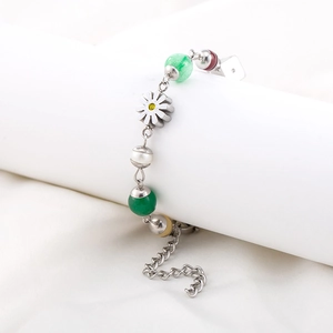 Colorful beaded daisy charm bracelet with stainless steel chain and adjustable length