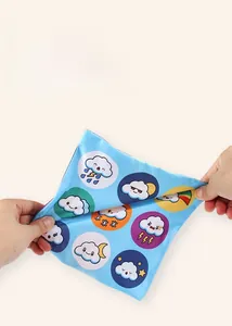 Detail of elastic blue fabric for baby tissue box toy showing tear-resistant flexibility