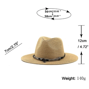 Classic light brown straw hat for sun protection with 56-58cm head circumference size details
