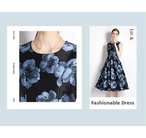 Close-up of floral jacquard satin fabric and waist-slimming sleeveless dress detail