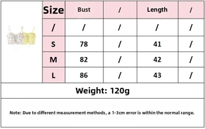 Size chart showing bust and length measurements in cm for S, M, and L summer crop tops