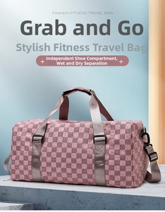 Large checkered travel duffel bag with independent shoe compartment and dry wet separation