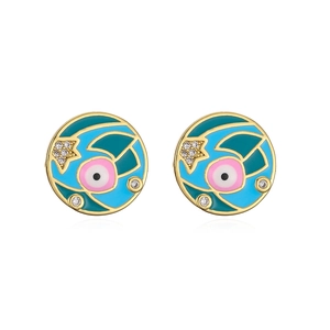 Detail of gold-plated round stud earrings with colorful enamel eyes and zircon stones