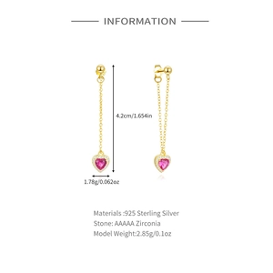Detail showing dimensions of heart drop earrings with rose red zircon and S925 silver
